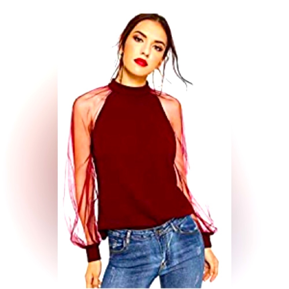 🌺Romwe Women's Mesh Sheer Long Sleeve Casual Puff Top🌸🌺